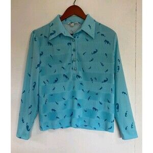 VTG Hal Ferman Shirt‎ Womens 16 Blue Disco Seahorse 70s Coastal Beach Nautical